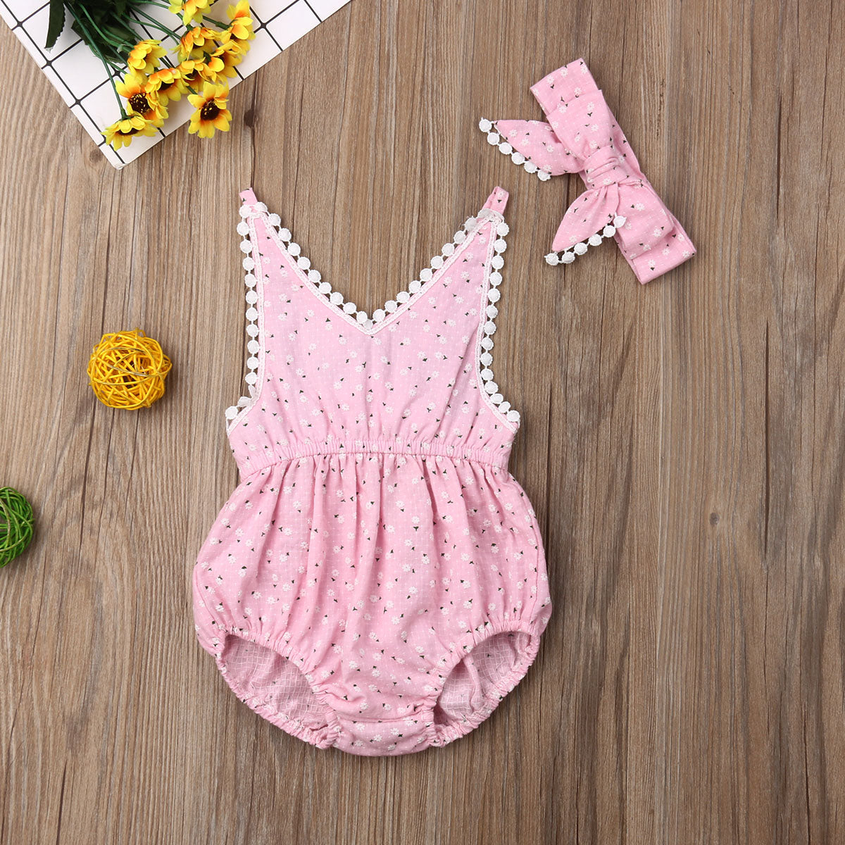 Sweet Daisy Romper with Headband - Pink - nixonscloset