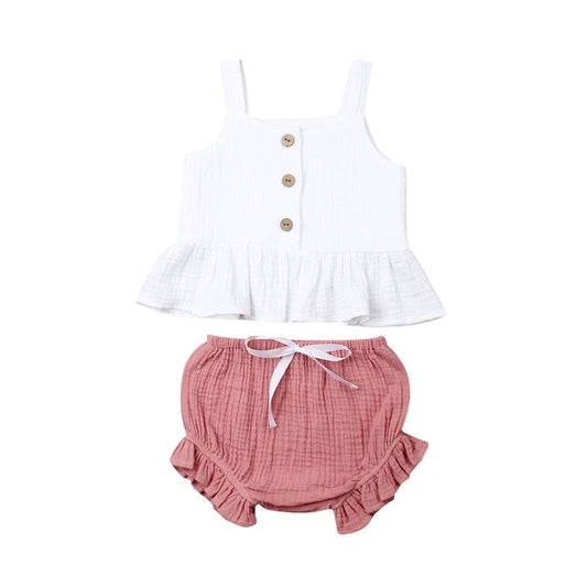 Linen Top & Bloomer Ruffle Set - White top pink bloomer - nixonscloset