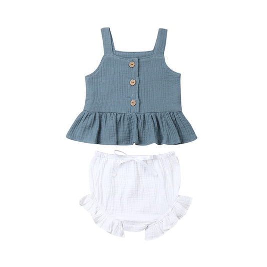 Linen Top & Bloomer Ruffle Set - Blue Top White Bloomer - nixonscloset