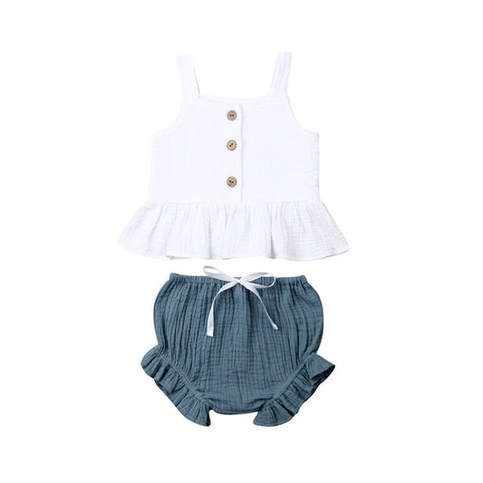 Linen Top & Bloomer Ruffle Set - White top Blue Bloomer Set - nixonscloset
