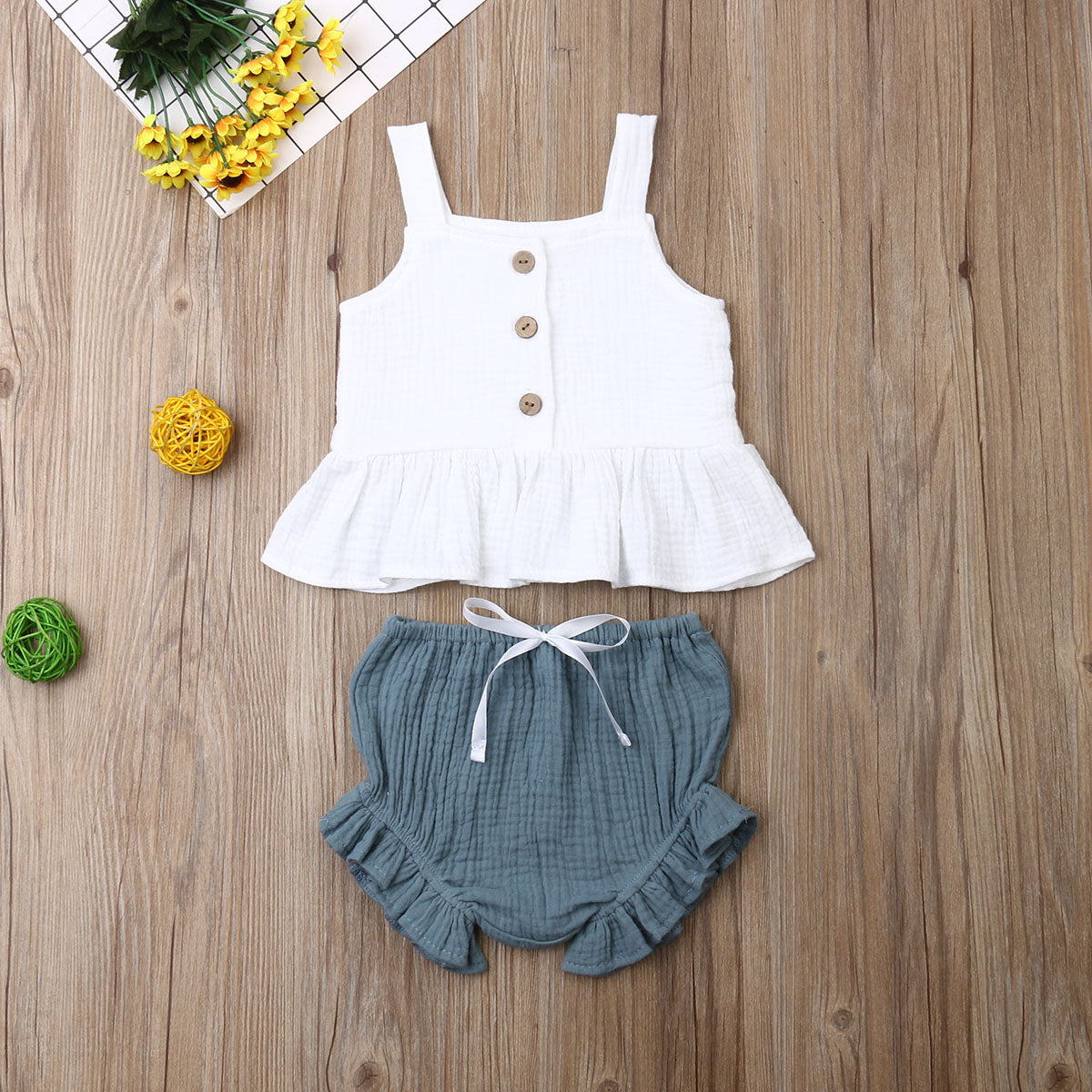Linen Top & Bloomer Ruffle Set - White top Blue Bloomer Set - nixonscloset