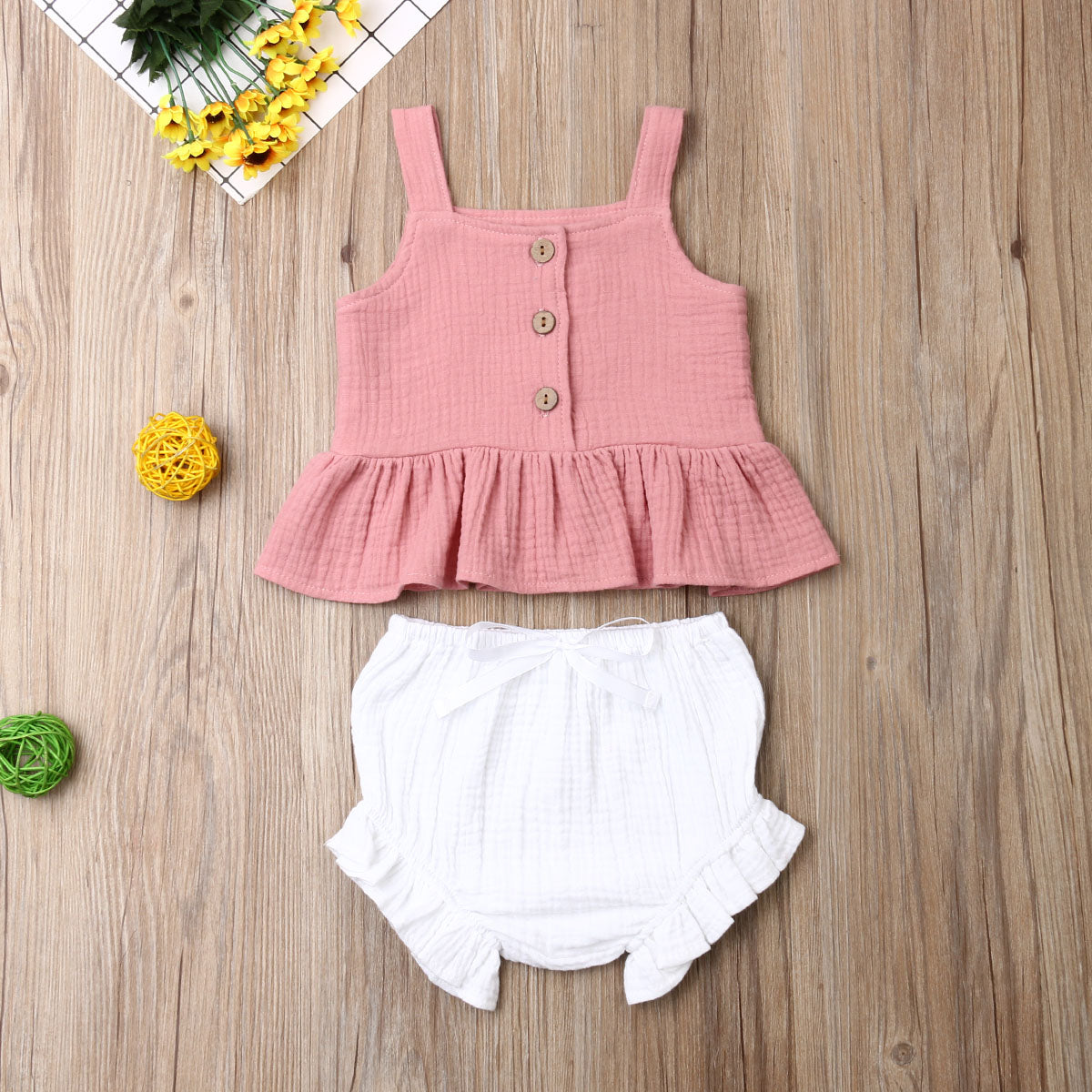 Linen Top & Bloomer Ruffle Set - Pink Top White Bloomer - nixonscloset