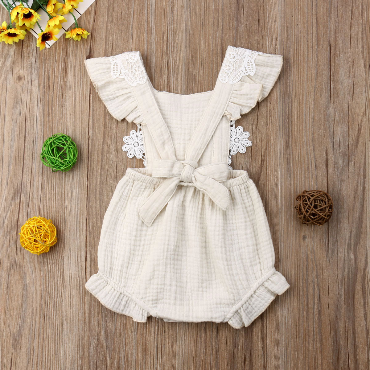 Linen lace flutter romper - White
