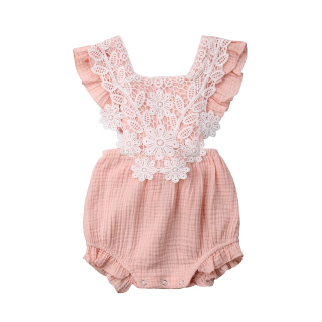 Linen lace flutter romper - Pink