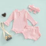 Ribbed winter ruffle romper bloomer & headband set - Pink