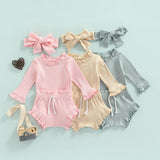 Ribbed winter ruffle romper bloomers & headband set - Beige