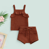 Knitted ruffle top & Shortie set - Chocolate