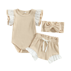 Ribbed Lace flutter & Bloomer set - Beige