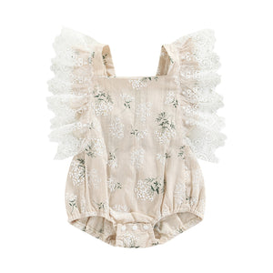 Lace flutter floral romper  - Beige