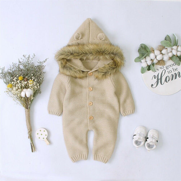 Knitted fur bear romper - Beige