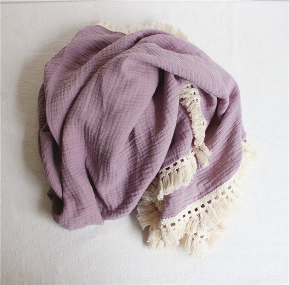 Tassel Bamboo cotton muslin swaddle wrap - Purple