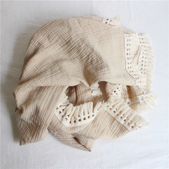 Tassel Bamboo cotton muslin swaddle wrap - Beige