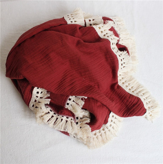 Tassel Bamboo cotton muslin swaddle wrap - Burnt Red