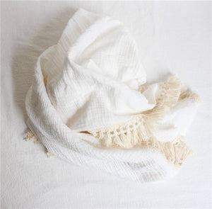 Tassel Bamboo cotton muslin swaddle wrap -White