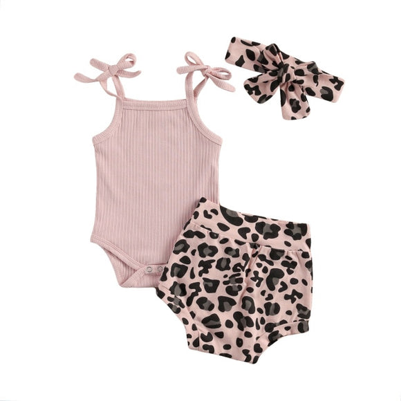 Tie ribbed singlet & Leopard bloomer headband set - Pink
