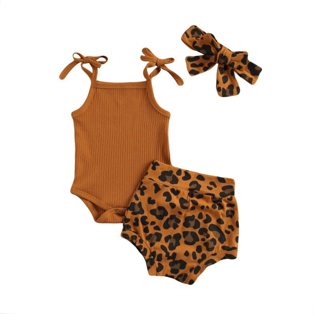 Tie ribbed singlet & Leopard bloomer headband set - Tan