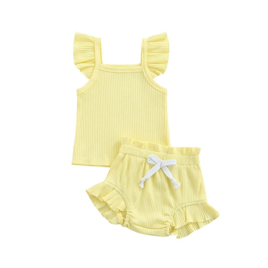 Ribbed flutter top & shortie set - Yellow