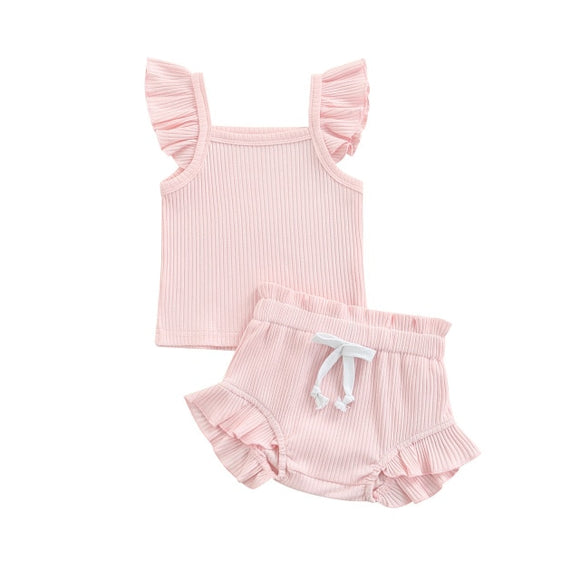 Ribbed flutter top & shortie set - Baby pink