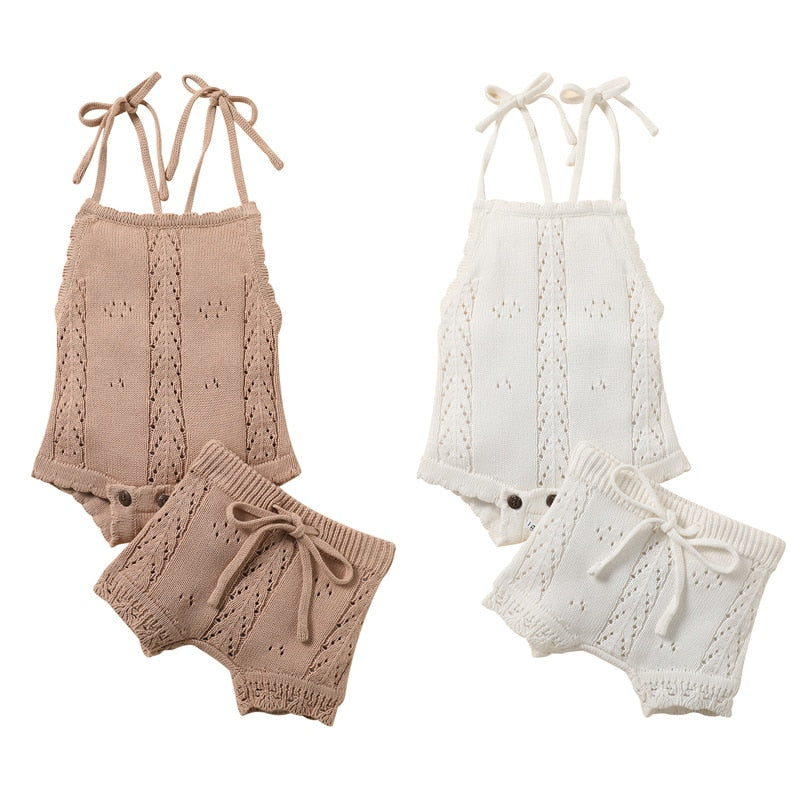 Knitted cable romper & bloomer set - White